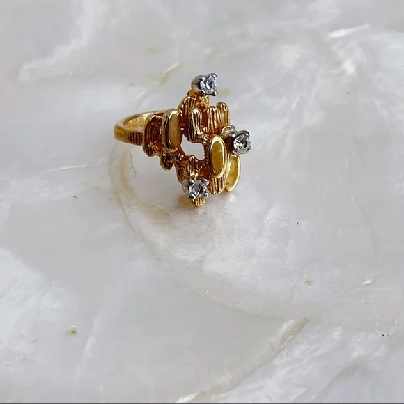 Vintage 18K HGE CZ Abstract Nugget Brutalist Ring Sz 5 Cocktail Statement Ring - Picture 2 of 13